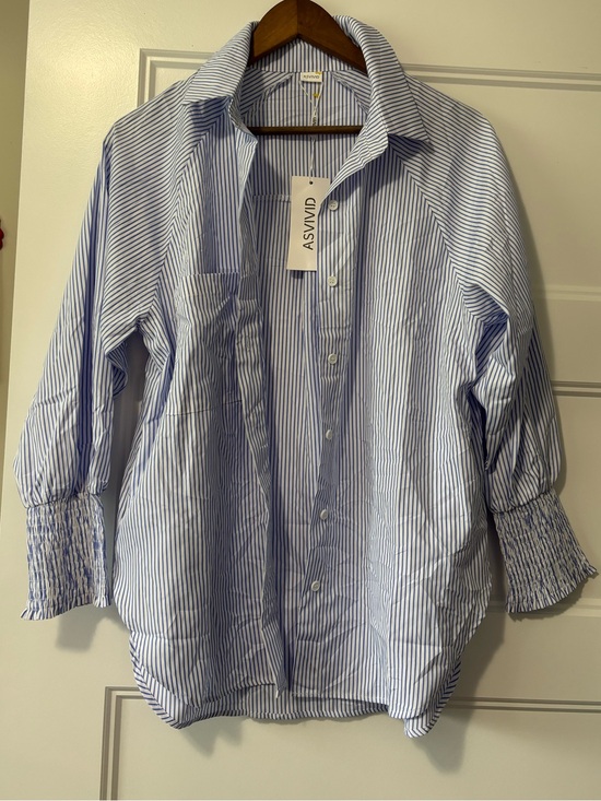 Tops - ASVIVID Blue & White Striped women’s Button-Up Shirt